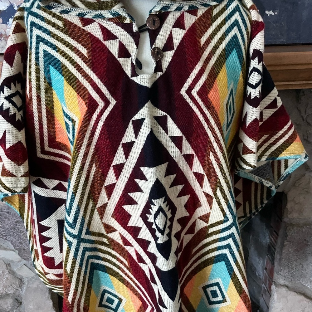 Alpaca blended Unisex Poncho Geometric Hooded - Picture 2 of 3
